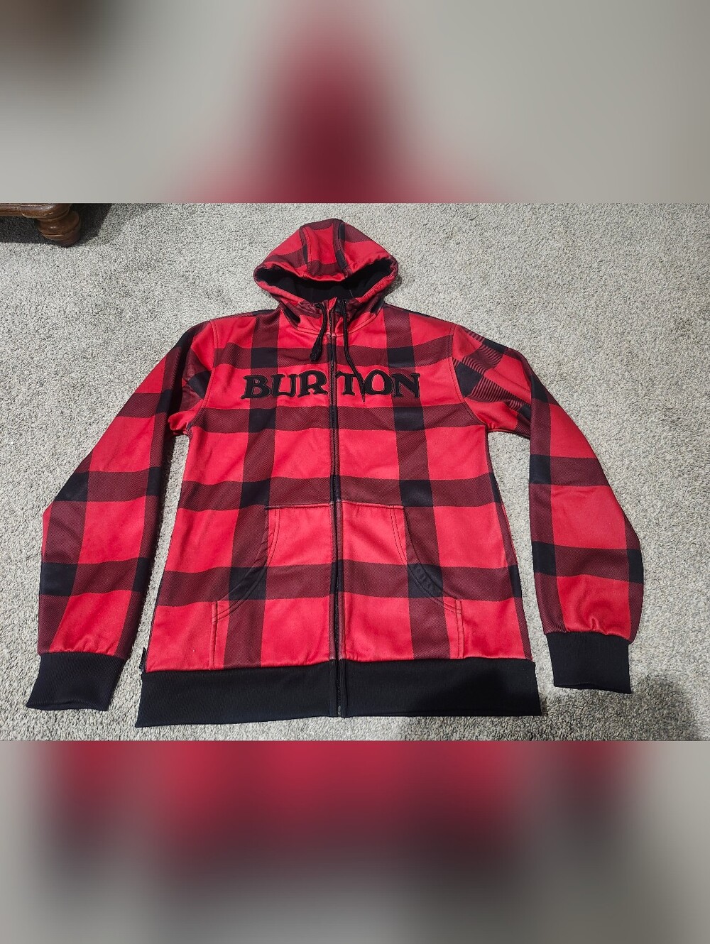 Burton Snowboards Red Black Buffalo Plaid Zip Hoodie Size M One Tie Is Flawed